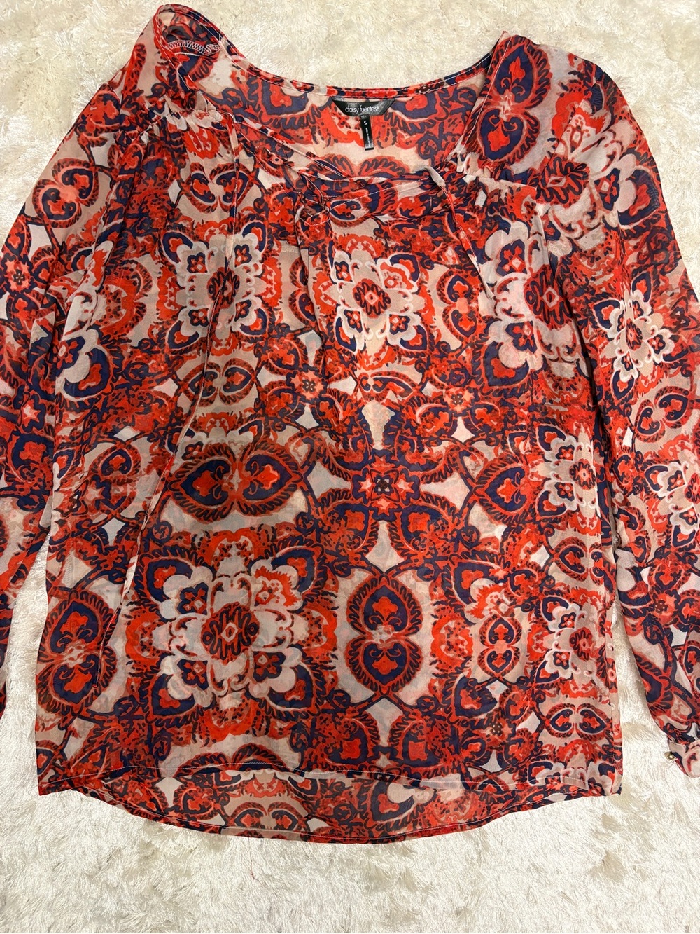 Daisy Fuentes Women’s Red and Navy Sheer Printed Peasant Blouse